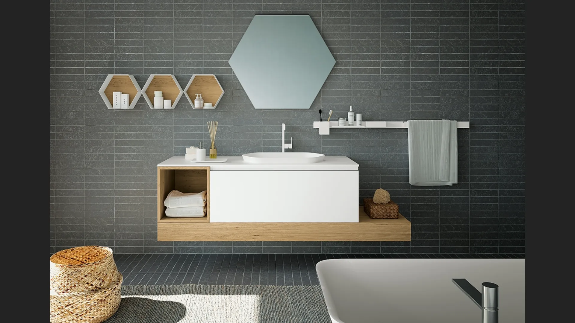 Mobile da Bagno sospeso in vetro acidato e Rovere Modulo 08 di Archeda