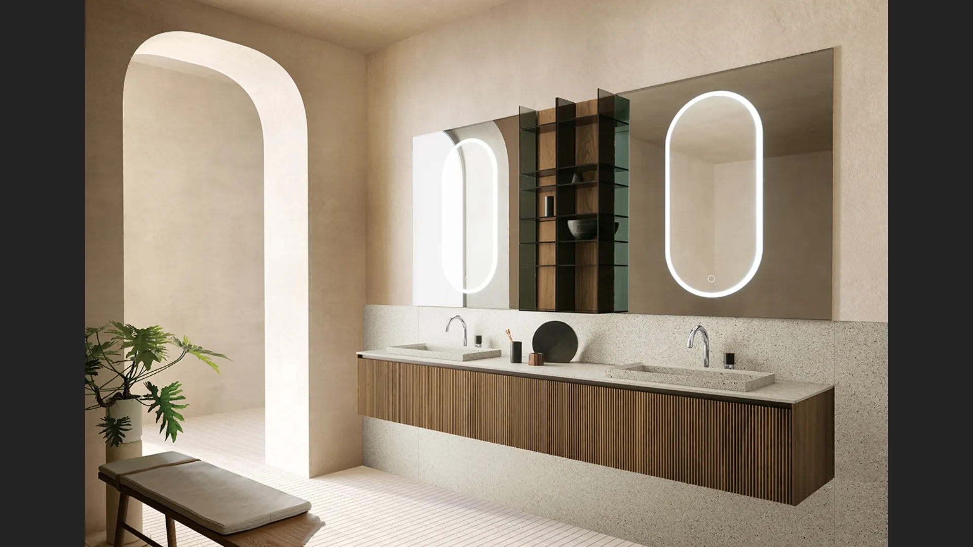 Mobile da Bagno sospeso in Noce Canaletto Tulle Cannettato 01 di Archeda