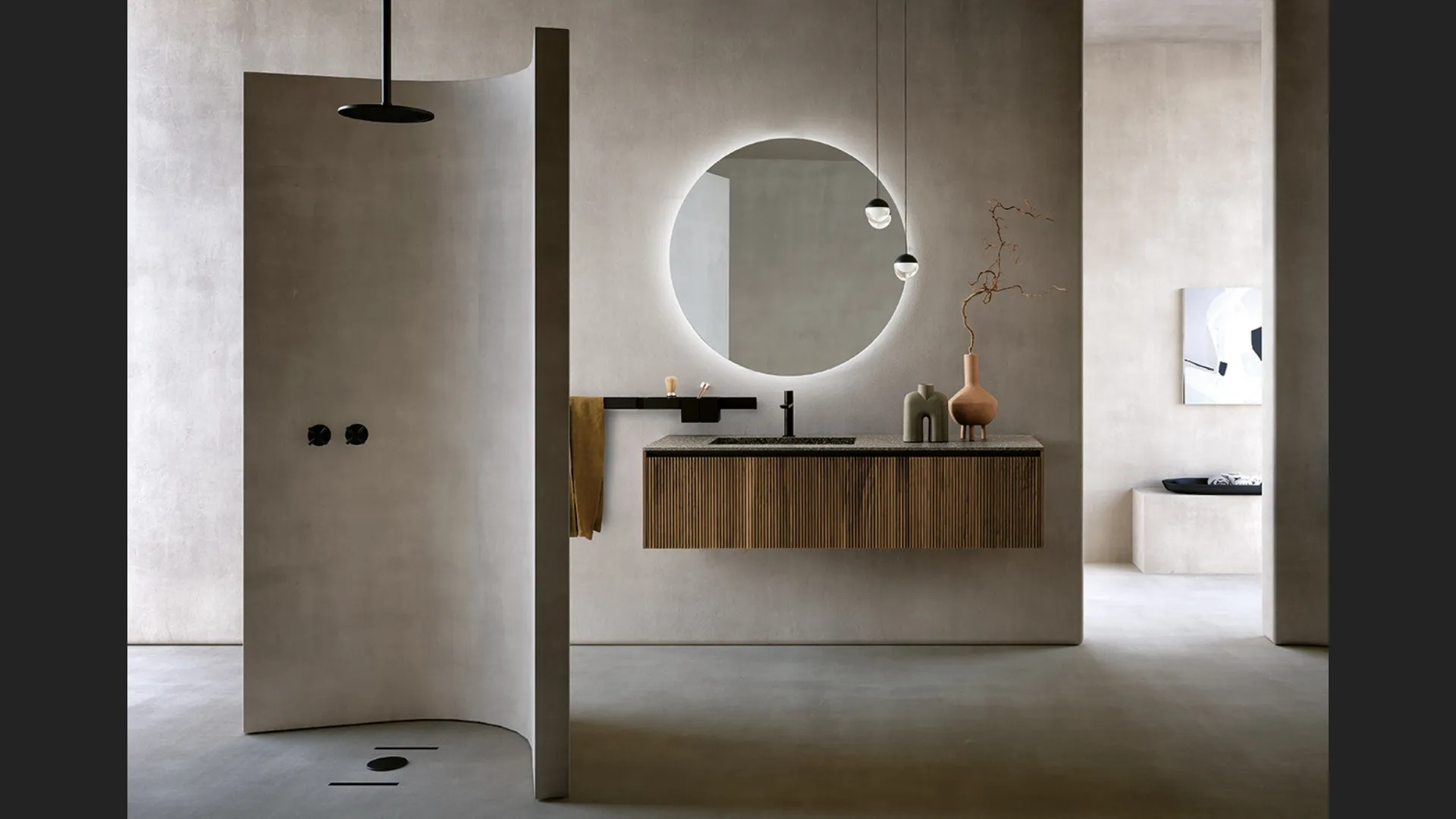 Mobile da Bagno sospeso in Noce Canaletto Tulle Cannettato 04 di Archeda